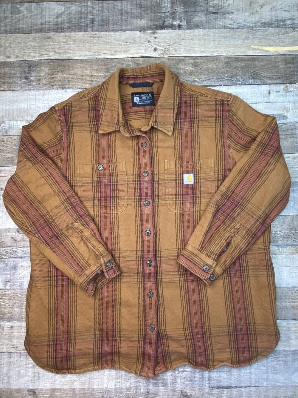 Carhartt Loose Fit Heavyweight Shirt Jacket Plaid Brown Women’s Size XL Shacket